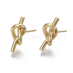 Brass Stud Earrings, Nickel Free, Knot, Real 18K Gold Plated, 17x7.5mm, Pin: 0.7mm(KK-R132-061-NF)