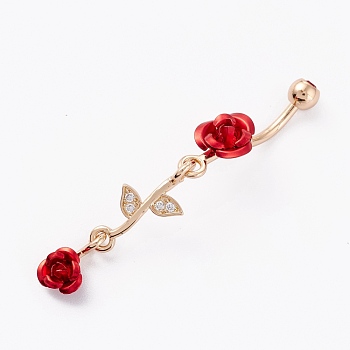Piercing Jewelry, Brass Micro Pave Cubic Zirconia Navel Rings, Belly Rings, with 304 Stainless Steel Bar and Enamel, Rose, Red, Real 18K Gold Plated, 56mm, Bar: 14 Gauge(1.6mm), Bar Length: 3/8"(10mm)