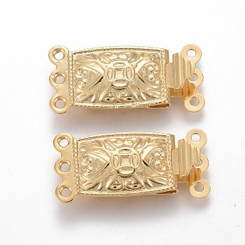 304 Stainless Steel Box Clasps, Multi-Strand Clasps, 3-Strands, 6-Holes, Rectangle, Real 24k Gold Plated, 21x10x4.5mm, Hole: 1mm