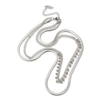 201 Stainless Steel Double Layer Snake Chain Necklaces, Ball Tassel Necklaces, Stainless Steel Color, 15.94 inch(40.5cm)