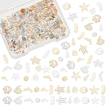 720Pcs 24 Style Brass Cabochons, Nail Art Decoration Accessories for Women, Coral & Fish & Starfish & Shell, Platinum & Golden, 3~6x2~6x0.1mm, 30pcs/style