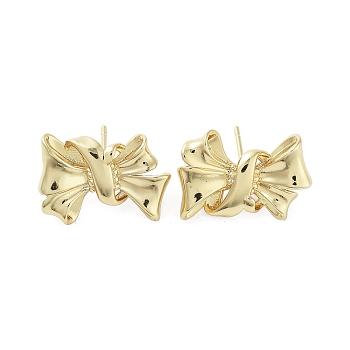 Rack Plating Brass Stud Earring, Cadmium Free & Lead Free, Long-Lasting Plated, Bowknot, Real 18K Gold Plated, 15x22mm