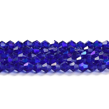 Transparent Electroplate Glass Beads Strands, AB Color Plated, Faceted, Bicone, Dark Blue, 4x4mm, Hole: 0.8mm, about 82~85pcs/strand, 12.01~12.2 inch(30.5~31cm)