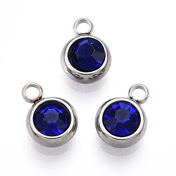 303 Stainless Steel Rhinestone Charms, Flat Round, Stainless Steel Color, Sapphire, 8.5x6x3.5~4mm, Hole: 1.5~1.6mm
