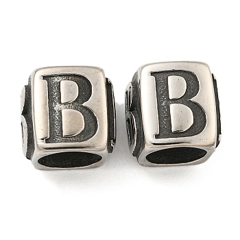 316 Surgical Stainless Steel with Rhinestone Large Hole Cube Beads, Antique Silver, Letter B, 12x11x11mm, Hole: 9mm