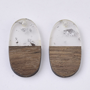 Resin & Walnut Wood Pendants, with Silver Foil, Oval, Silver, 27.5x15x3.5~4.5mm, Hole: 1.8mm