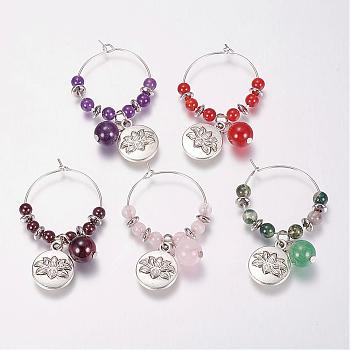 Natural Gemstone Wine Glass Charms, with Alloy Lotus Pendants and Brass Hoops, 46x27mm