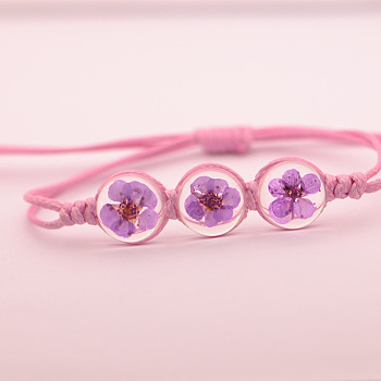 Transparent Glass Dried Flower Flat Round Beads Braided Bead Bracelets, Waxed Cord Braided Bracelets for Women, Medium Orchid, 5.91~11.81 inch(15~30cm)
