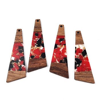 Transparent Resin & Walnut Wood Big Pendants, with Gold Foil, Trapezoid Charms, FireBrick, 57.5x19.5x3mm, Hole: 2mm