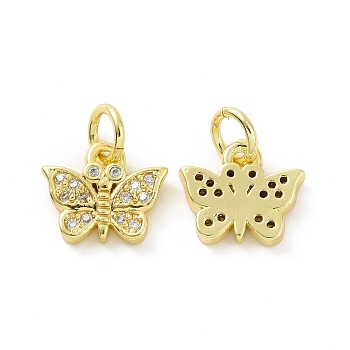Brass Micro Pave Clear Cubic Zirconia Charms, with Jump Ring, Butterfly Charm, Real 18K Gold Plated, 8.5x10x2mm, Hole: 3.2mm