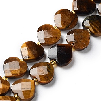 Natural Tiger Eye Beads Strands, Faceted Love Heart, with Seed Beads, 11~12x12x4~5mm, Hole: 0.9mm, about 30~32pcs/strand, 15.35''(39cm)