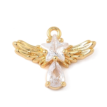 Brass Micro Pave Cubic Zirconia Pendants, Wings with Star, Nickel Free, Real 18K Gold Plated, 14.5x18.5x4.5mm, Hole: 1.4mm