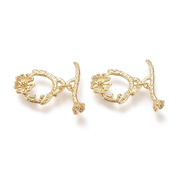 Brass Toggle Clasps, Long-Lasting Plated, Flower, Real 18K Gold Plated, Flower: 18.5x15x3mm, Hole: 1.5x2.5mm, Bar: 22x6x5mm, Hole: 1.8x2.5mm