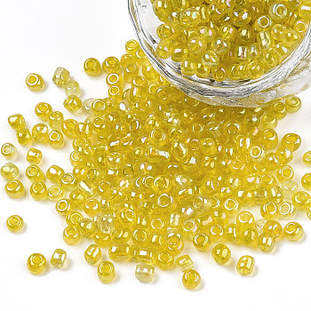 Round Glass Seed Beads, Transparent Colours Rainbow, Round, Yellow, Size: about 3mm in diameter, hole:1mm, about 2222pcs/100g