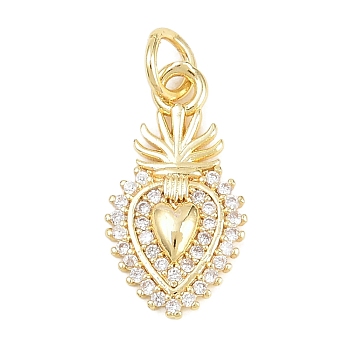 Valentine's Day Brass Micro Pave Clear Cubic Zirconia Pendants, Sacred Heart Charms, Cadmium Free & Lead Free, Real 18K Gold Plated, 18x10x2mm, Hole: 3mm