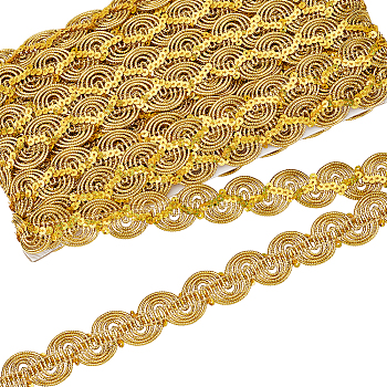 15 Yards Sparkle Polyester Wavy Lace Ribbon, with Sequin, Goldenrod, 7/8 inch(22mm), about 15.00 Yards(13.72m)/Card