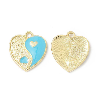 Alloy Enamel Pendants, Heart with Yin Yang Charm, Golden, Cyan, 17x15x1.6mm, Hole: 1.8mm