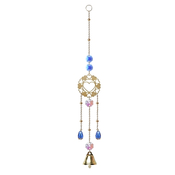 Metal Bell Big Pendant Decorations, Hanging Suncatchers, with Glass Charm and Metal Link, for Garden Window Decorations, Heart, 280mm