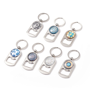 Glass Keychain, with Zinc Alloy Cabochon Settings Bottle Openers and Key Rings, Platinum, 8.8cm