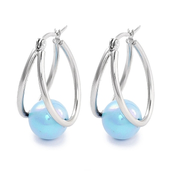304 Stainless Steel & Plastic Imitation Pearl Oval with Ball Hoop Earrings for Women, with 316 Stainless Steel Pins, Light Sky Blue, 32x15.5x19.5mm