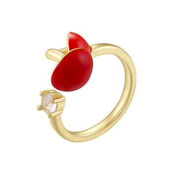 Brass & Clear Cubic Zirconia Enamel Cuff Open Rings, Mushroom, Golden, Red, 17mm