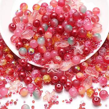Glass Beads, Round & Starfish & Fish & Rondelle, Mixed Style, Red, 2~14x2~10x1~8.5mm, Hole: 0.8~1.5mm