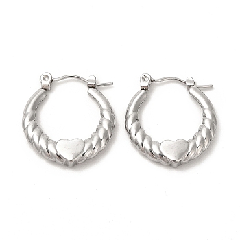 Non-Tarnish 304 Stainless Steel Heart Hoop Earrings for Women, Stainless Steel Color, 22x20x3.5mm, Pin: 0.6mm