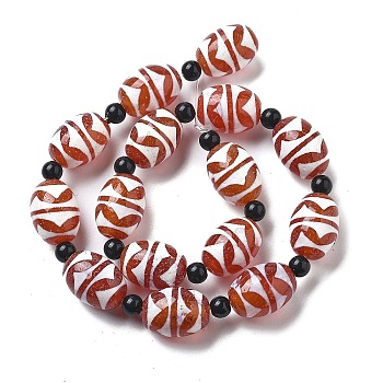 Tibetan Style dZi Beads Strands, Natural Agate(Dyed & Heated) Beads, Rice, Red, Tiger Pattern, 18x13mm, Hole: 1.5mm, about 15pcs/strand, 13.78''(35cm)