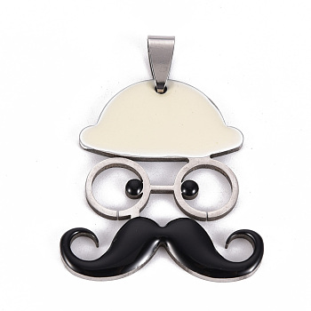 201 Stainless Steel Enamel Pendants, Human with Mustache and Hat, Beige, 35x31.5x2mm, Hole: 8x4mm