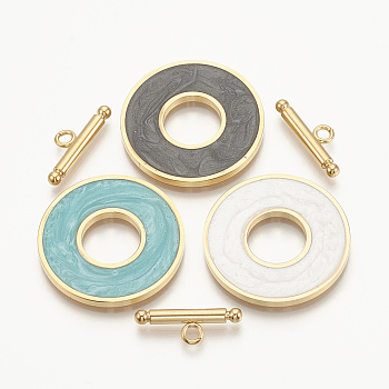 304 Stainless Steel Toggle Clasps, with Enamel, Ring, Golden, Mixed Color, Ring: 29.5x2mm, Inner Diameter: 12mm, Bar: 21x7x3mm, Hole: 2mm