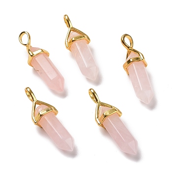 Natural Rose Quartz Pendants, Faceted, with Golden Tone Brass Findings, Lead free & Cadmium Free, Bullet, 27~30x9~10x7~8mm, Hole: 4x3mm