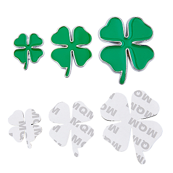 3 Sets 3 Styles Zinc Alloy Car Stickers, Clover Car Decals for Vehicle Decoration, Green, 40~74x33~60x1.3~3mm, 1 set/style