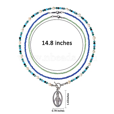 Oval with Virgin Mary & Cattle Head & Bee & Feather Pendant Necklaces Set(NJEW-SW00006)-5