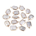 Natural Keshi Pearl Rectangle Pendants, with Brass Edged, Cultured Freshwater Pearl Baroque Pearl Charms, Golden, Seashell Color, 20~27x13~17.5x3~10mm, Hole: 1.8~2mm(PEAR-S020-D10)
