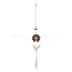 Alloy Enamel Bee & Glass Flower Crystal Suncatcher, Natural & Dyed Malaysia Jade and Prism Faceted Cone Hanging Ornament for Window & Garden Decor, Purple, 275x35mm(HJEW-TA00475-01)