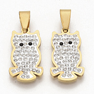 201 Stainless Steel Pendants, with Random Size Snap On Bails and Polymer Clay Crystal Rhinestones, Owl, Golden, 24x14x3mm, Hole: 8~10x3~5mm(STAS-N089-18G)