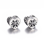 Hollow 925 Sterling Silver European Beads, Large Hole Beads, with Cubic Zirconia, Carved with 925, Heart with Snowflake, Thai Sterling Silver Plated, 9x9x7mm, Hole: 4mm(OPDL-L017-012TAS)