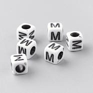 Opaque Acrylic Beads, Letter Style, Cube, Letter.M, 6x6x6mm, Hole: 3mm, about 3000pcs/500g(SACR-Q188-02M)