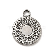 304 Stainless Steel Pendant Cabochon Settings, Flat Round with Flower, Stainless Steel Color, Tray: 6mm, 19x15.5x2mm, Hole: 2.5mm(STAS-I694-02P)