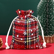 Christmas Themed Burlap Drawstring Bags, Rectangle Tartan Pouches for Christmas Party Supplies, Red, 14x10cm(XMAS-PW0001-236E)