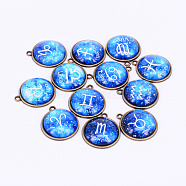 Alloy Glass Pendants, Half Round with Twelve Constellations, Antique Bronze, Dodger Blue, 26x23x7mm, Hole: 1.8mm, 12pcs/set(PALLOY-WH0071-04AB-02A)