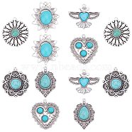 SUNNYCLUE 12Pcs 6 Style Tibetan Style Alloy Pendants, with Synthetic Turquoise, Teardrop & Heart & Flower & Glede, Antique Silver, 36.5x25x6mm, Hole: 1.8mm(PALLOY-SC0003-63AS)