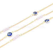 Handmade Brass Curb Chains, with Glass Evil Eye Links and CCB Plastic Imitation Pearl, with Spool, Soldered, Long-Lasting Plated, Round & Flat Round, Golden, Round Link: 18.5x4mm, Flat Round with Evil Eye Link: 12x7x3mm, 32.8 Feet(10m)/roll(CHC-I038-08G)