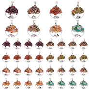 Elite 8Pcs 8 Styles Natural & Synthetic Mixed Stone Chip Pendants, with Platinum Tone Alloy Findings, Flat Round with Life of Tree Charm, 29x25x4~6mm, Hole: 4x7mm, 1pc/style, 8pcs/set, 4 sets/box(G-PH0002-14)