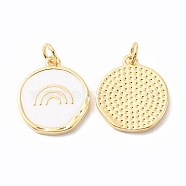 Rack Plating Brass Pendants with Jump Ring, with Enamel, Long-Lasting Plated, Cadmium Free & Lead Free, Flat Round with Rainbow, White, 18x15x2mm, Hole: 3mm(KK-F852-24G)
