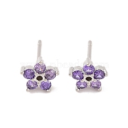 Brass Micro Pave Cubic Zirconia Stud Earrings for Women, Lead Free & Cadmium Free, Star, Purple, Platinum, 8x8.5mm(EJEW-U015-10P)