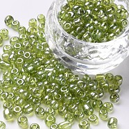 Glass Seed Beads, Trans. Colours Lustered, Round, Yellow Green, 4mm, Hole: 1.5mm, about 500pcs/50g, 50g/bag, 18bags/2pounds(SEED-US0003-4mm-104)