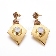 Natural Pearl Dangle Stud Earrings, with Brass Findings, Polymer Clay Rhinestone and Plastic Ear Nuts, Rhombus, Golden, 60mm, Pin: 0.8mm(EJEW-F218-11G)