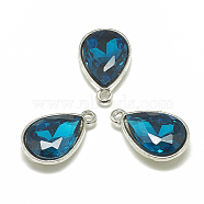 Alloy Glass Charms, Faceted, teardrop, Platinum, Teal, 14.5x9x5mm, Hole: 1.5mm(PALLOY-T028-7x10mm-14)
