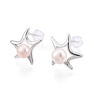 Star Brass Natural Pearl Stud Earrings, with 925 Sterling Silver Pins, Real Platinum Plated, 13.2x14mm, Pin: 0.7mm, Pearl: 5.8mm(PEAR-N020-05V)